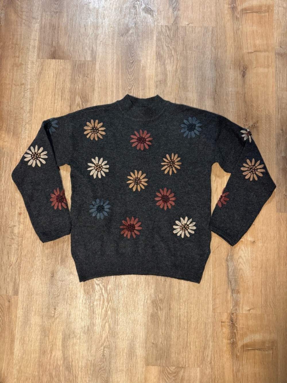 CHARLIE B Charcoal Crewneck Sweater with Multicolor Floral Embroidery - Picture 3 of 11